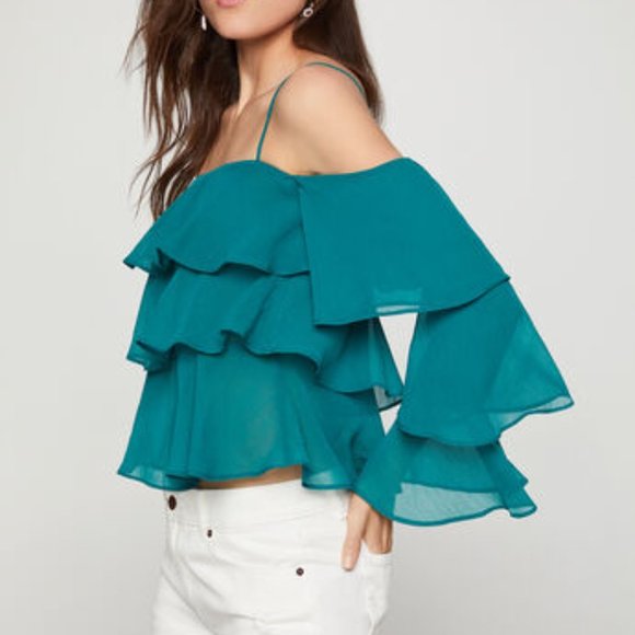 NWT BCBG Sea Green Ruffle Chiffon Bell Sleeve Top - Picture 2 of 8